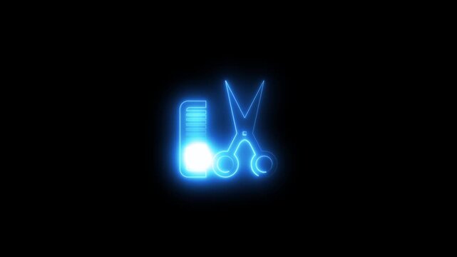 Neon barber shop sign with glowing scissors and comb animation
