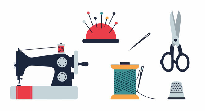 Sewing machine, scissors, thimble, pins, needles, and spools of thread
