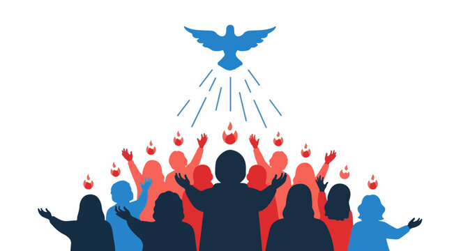 Silhouettes of people reach towards a blue dove, receiving fiery blessings from above