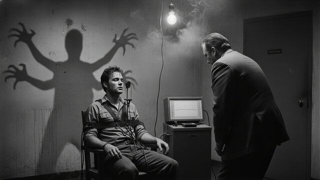 Man in interrogation room attached to equipment casting monster shadow on wall with investigator watching. Science fiction concept of alien abduction and paranormal experiment. Monochrome film.