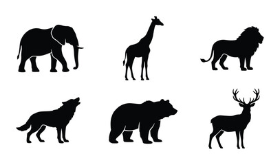 Fototapeta premium African Wildlife Silhouette Icons: Elephant, Giraffe, Lion, Wolf, Bear, Deer Vector Set