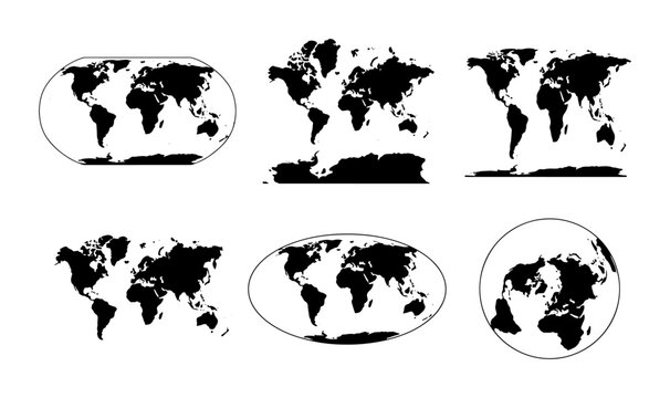 World Map Projections Set: Global Cartography Vector Graphics, Continents and Antarctica Illustrations
