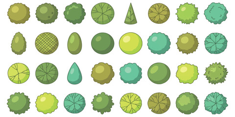 Set of top view tree icons for architectural landscape design and garden planning with various shapes and green colors © ZenVectors