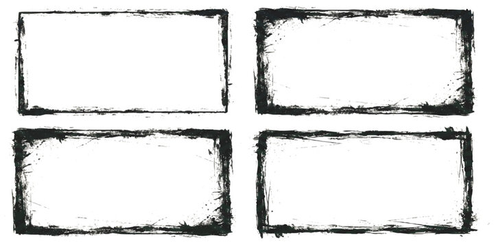 Set of four rectangular grunge frames with rough distressed edges and messy black ink textures for design projects