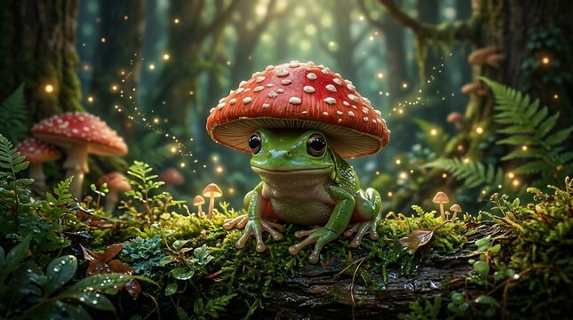 Green frog under red toadstool in forest with moss and mushrooms