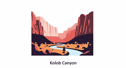 Obraz premium Stylized desert canyon with river and sparse trees under a white sky