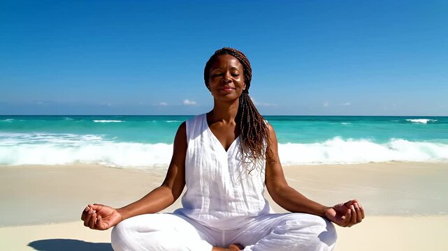 Meditative Yoga on a sunny beach facing the ocean