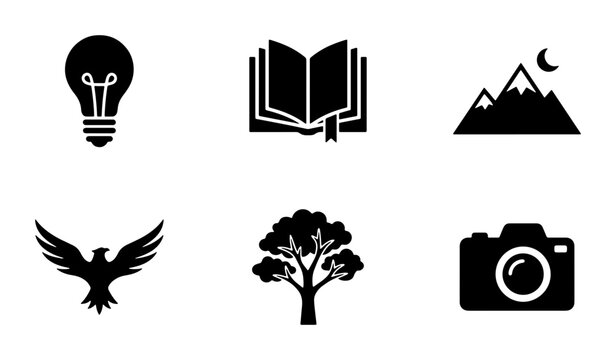 Black Silhouette Icons: Lightbulb, Open Book, Mountains, Eagle, Tree, Camera, Vector Set