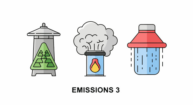 Three cartoon icons of industrial and environmental elements a warning sign, a smoking stack, and a showerhead
