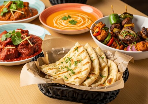 Assorted indian dishes including naan bread, curry, and chicken skewers