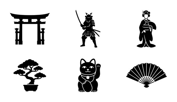Japanese Icons Set: Torii Gate, Samurai, Geisha, Bonsai, Lucky Cat, Fan Vector Graphics
