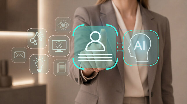 AI marketing and customer engagement. Analysis of audience targeting, content automation, personalized communication strategy. Businesswoman managing AI marketing campaign.