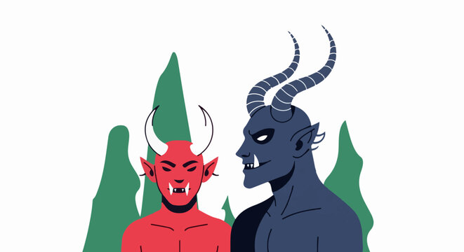 Two demonic figures with horns and fangs stand against a white and green backdrop
