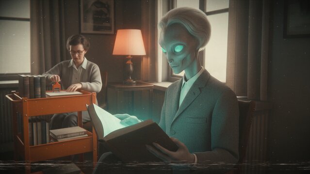 Grey alien reading glowing book in office with vintage woman librarian. Science fiction scene with extraterrestrial being studying. Paranormal mystery and supernatural intelligence encounter.
