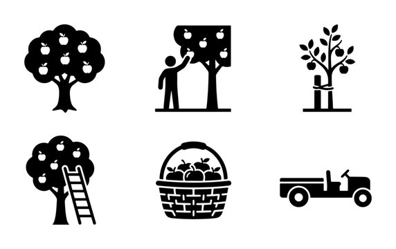 Apple Picking Icons: Orchard Harvest, Fruit Collection, Farm Vehicle, Vector Set