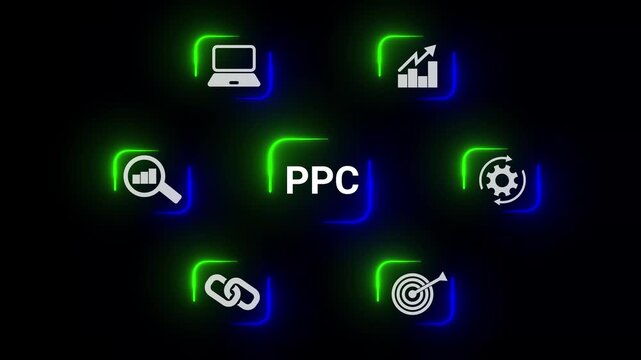 Glowing PP C advertising icons animation on black background. Pay per click marketing and online ad campaign concept for business motion graphics.