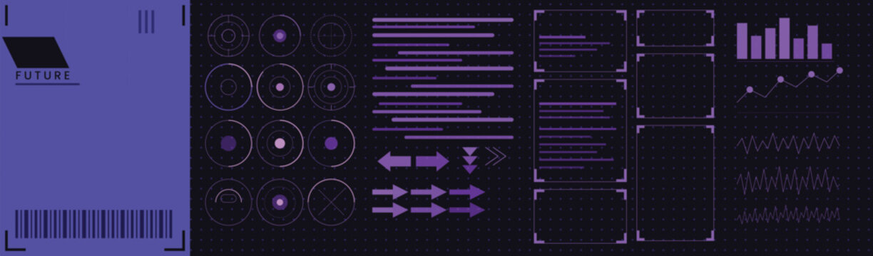 Futuristic user interface elements set with digital data visualization charts and graphs on dark purple background.