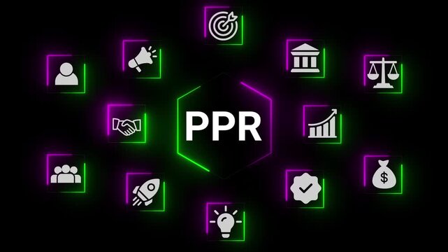 Neon business strategy animation representing corporate growth, start up planning, financial analytic, and marketing development in futuristic animation.