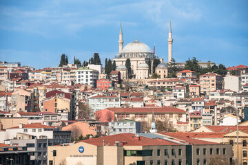 Obraz premium Daylight panorama view with the Bosphorus Great Mosques Harbour and another famous landmarks in the European and Asian parts of Istanbul Turkey
