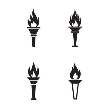 Four black torch icons with flames on top in different styles and shapes  simple graphic design elements for various uses