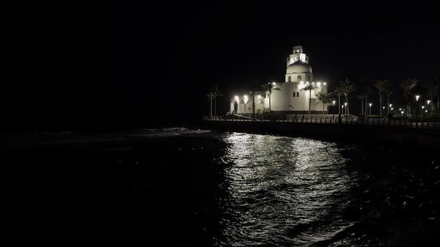 Al-Rahmah Floating Mosque at night on Jeddah Corniche, Saudi Arabia