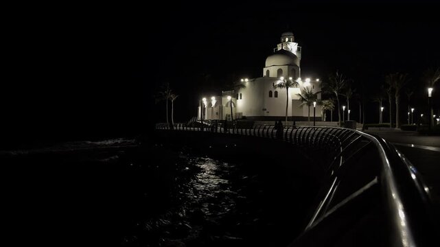 Al-Rahmah Floating Mosque at night on Jeddah Corniche, Saudi Arabia