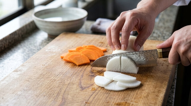 Healthy Japanese Cooking: Slicing Daikon Radish into Quarter Rounds (Icho-giri) for Traditional Soup