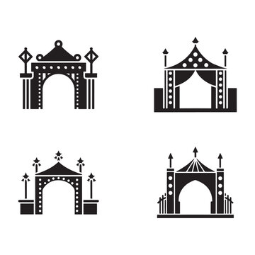 Four different black and white carnival or fairground entrance gates with decorative elements and open pathways  various designs and details on each gate