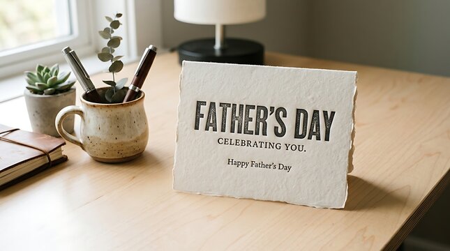Father's Day card on a desk with plants and office supplies