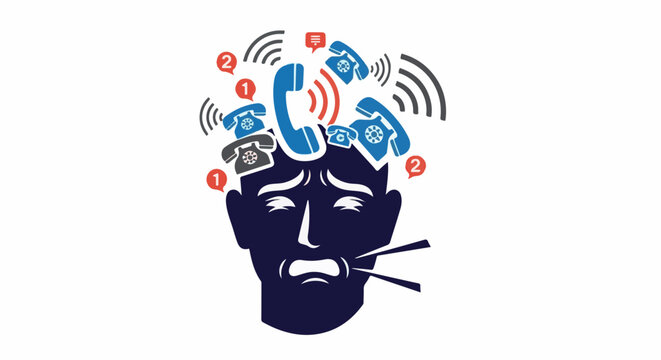 Overwhelmed by incoming calls, a distressed face visualizes mental overload