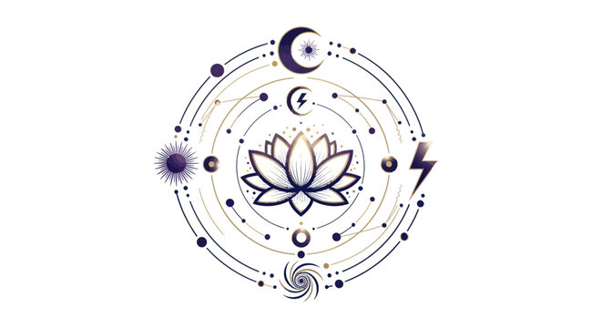 Mystical Lotus Flower Celestial Mandala with Moon, Stars, and Lightning