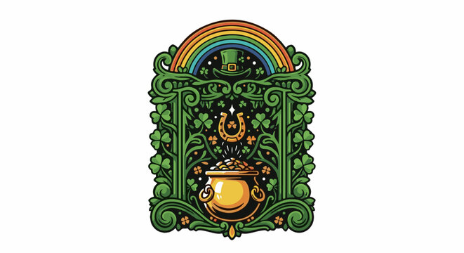 Ornate green arch frames a pot of gold with a horseshoe and rainbow