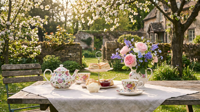 Beautiful garden afternoon tea setting with floral teapot, scones, jam, roses, and cottage background for a classic British spring bank holiday lifestyle concept.