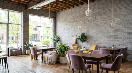 Fototapeta premium Modern Loft Cafe Interior with Muted Purple Chairs and Cozy Industrial Design