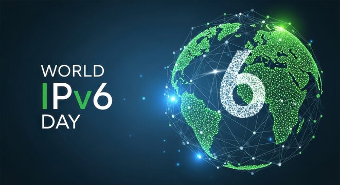 Global Network Technology Illustration Featuring IPv6 Icon on Digital Globe with Futuristic Light Effects