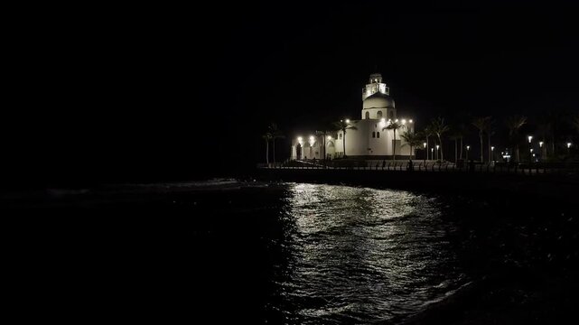 Al-Rahmah Floating Mosque at night on Jeddah Corniche, Saudi Arabia