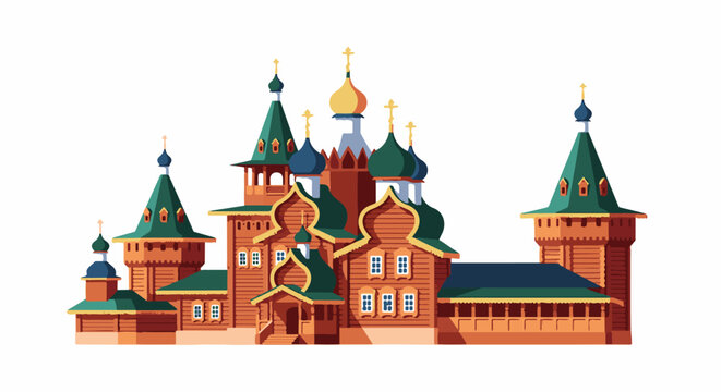 Ornate wooden architectural complex with multiple green and blue domed towers