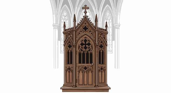 Ornate wooden confessional booth with intricate Gothic architectural details and arched openings