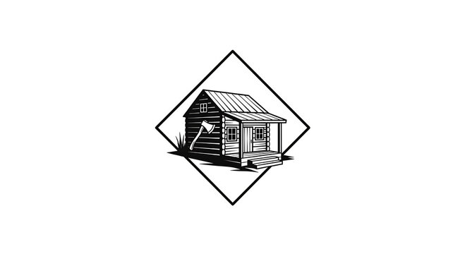 Rustic log cabin house illustration with an axe in a diamond frame