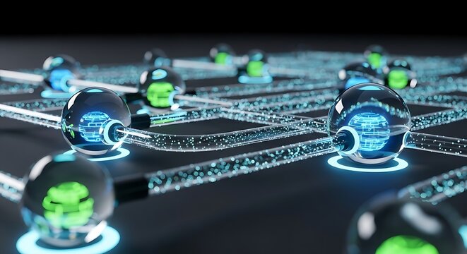 Futuristic Digital Network Connection with Glowing Data Nodes and Advanced Technology System Visualization