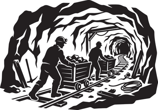 Mining, coal mining, tunnel, miners, industrial vector illustration, black and white, workers, excavation, industrial scene