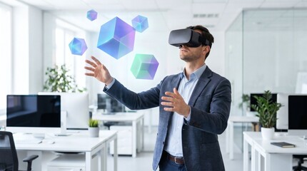 Fototapeta premium A businessman in a suit wearing a VR headset interacts with holographic cubes in a modern office setting.