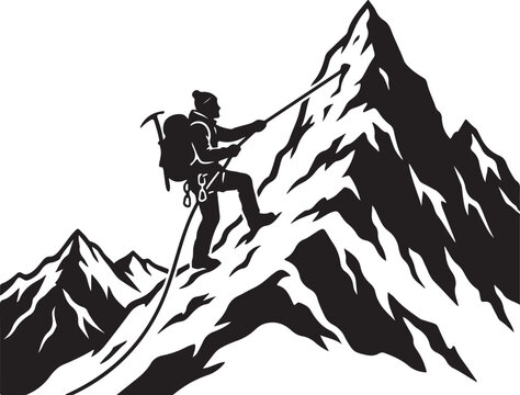 climbing, mountain climber, adventure, black and white, vector illustration, outdoor sports, hiking, mountaineering