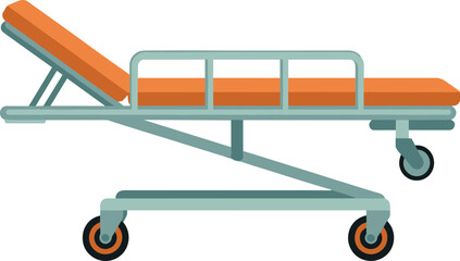 A professional medical gurney with orange padding stands ready for patient transport in a bright clinical hospital setting. © Vector Expert