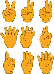 Fototapeta premium Vibrant set of orange cartoon hand icons showing various counting gestures in bright light on a white background.