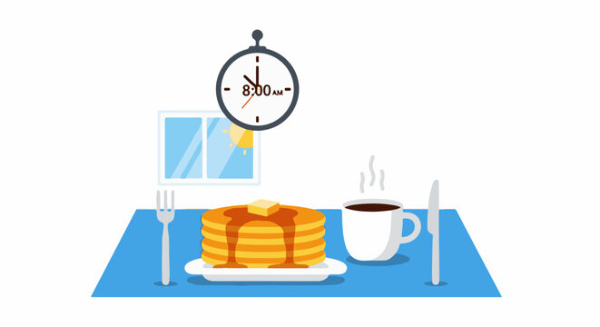 Morning breakfast with pancakes, coffee, and sunlight at 8 AM