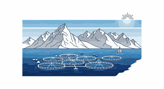 Mountain backdrop over a calm sea with fish farm pens and a sailboat under a bright sun