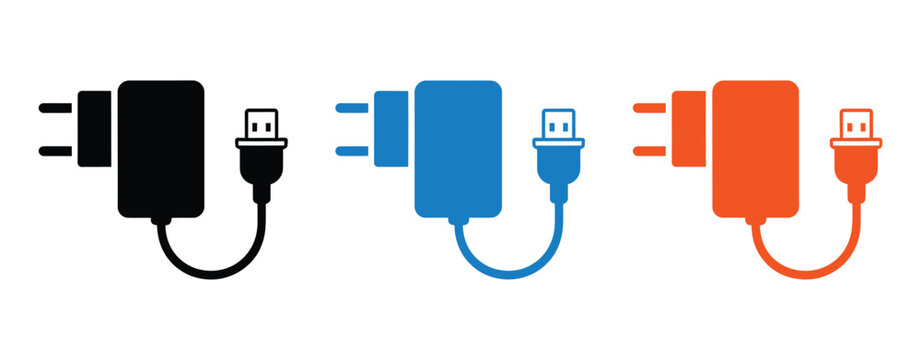 Colorful USB chargers and cables in modern design, charger adapter icon illustration set, USB flash drive sign, mobile charging cable and adapter concept, flat style vector isolated on white 