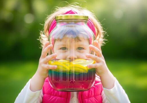 Little girl holding a large glass jar with colorful lemonade and lemon slices