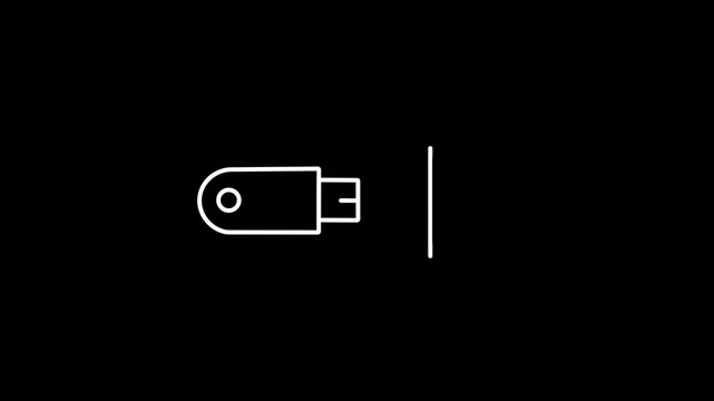 Simple USB Flash Drive animation. Minimalist line animation of a USB flash drive for data storage, file transfer, and digital memory. Black background, 4k video.